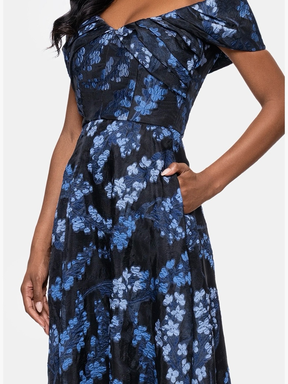 Betsy & Adam Formal Off Shoulder Dress with Blue Floral Jacquard